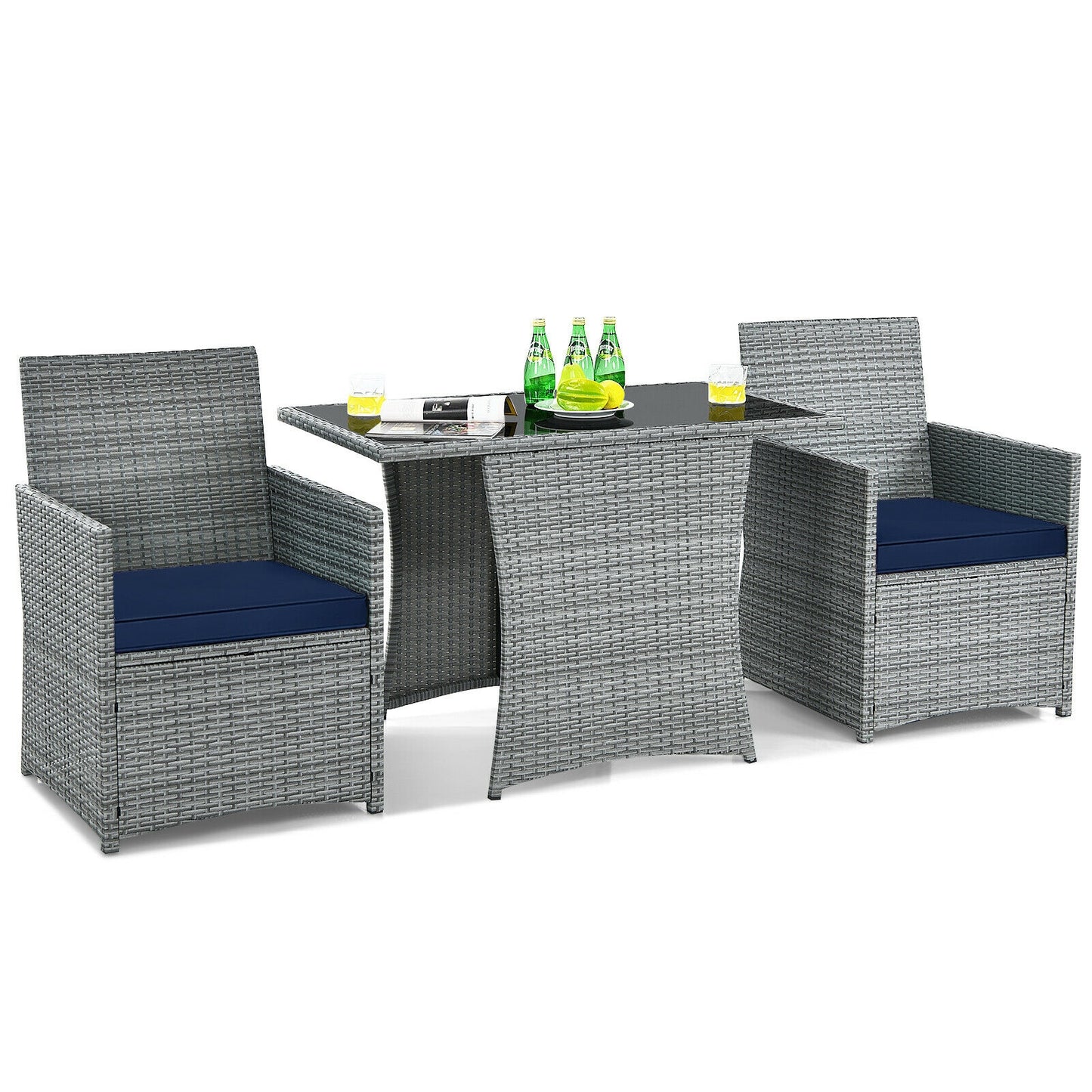3 Pieces Patio Rattan Furniture Set with Cushioned Armrest Sofa-Navy (Fully Assembled)