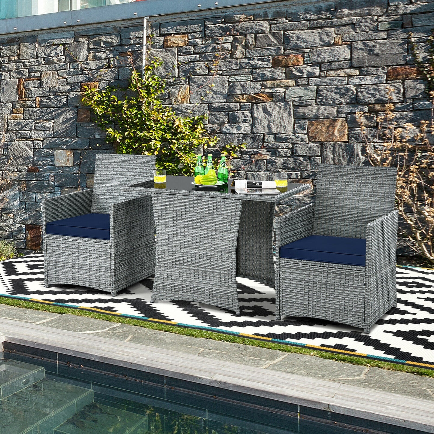 3 Pieces Patio Rattan Furniture Set with Cushioned Armrest Sofa-Navy (Fully Assembled)