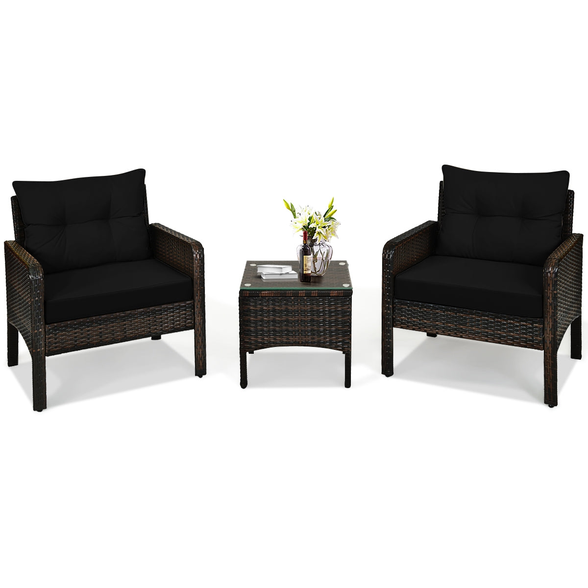 3 Pcs Outdoor Patio Rattan Conversation Set with Seat Cushions-Black, Fully assembled