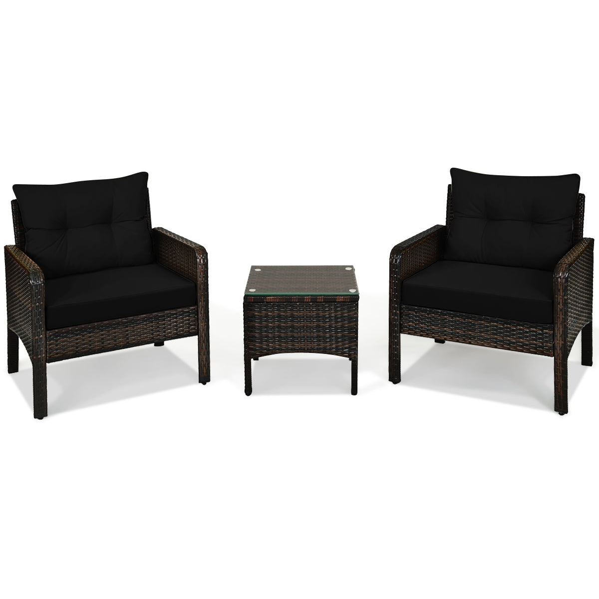 3 Pcs Outdoor Patio Rattan Conversation Set with Seat Cushions-Black, Fully assembled