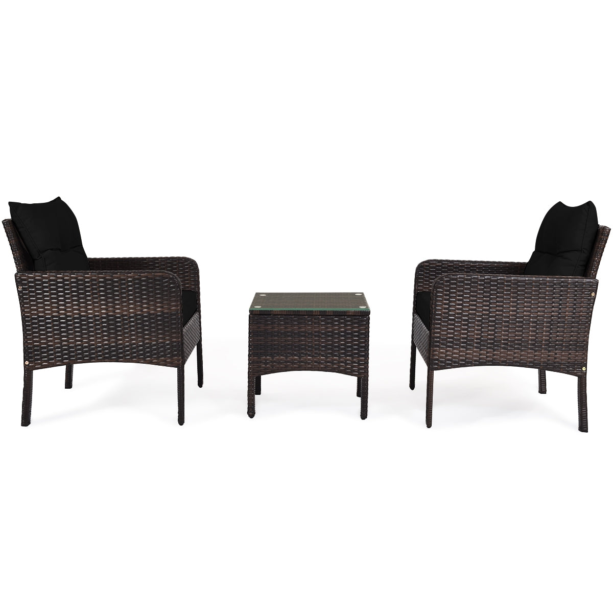 3 Pcs Outdoor Patio Rattan Conversation Set with Seat Cushions-Black, Fully assembled