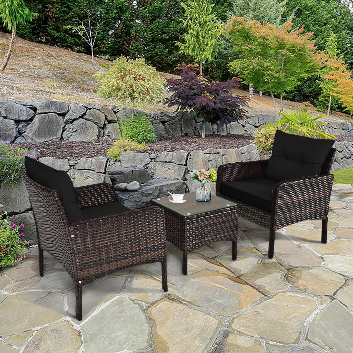 3 Pcs Outdoor Patio Rattan Conversation Set with Seat Cushions-Black, Fully assembled