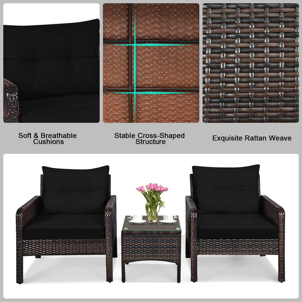 3 Pcs Outdoor Patio Rattan Conversation Set with Seat Cushions-Black, Fully assembled