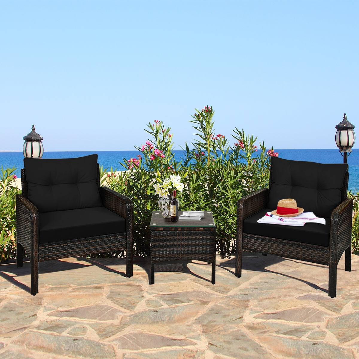 3 Pcs Outdoor Patio Rattan Conversation Set with Seat Cushions-Black, Fully assembled