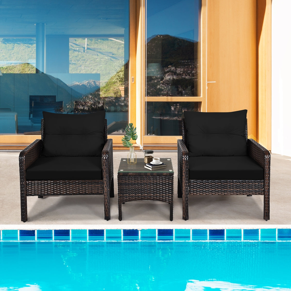 3 Pcs Outdoor Patio Rattan Conversation Set with Seat Cushions-Black, Fully assembled