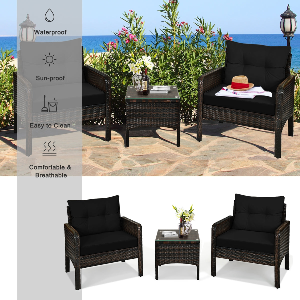 3 Pcs Outdoor Patio Rattan Conversation Set with Seat Cushions-Black, Fully assembled