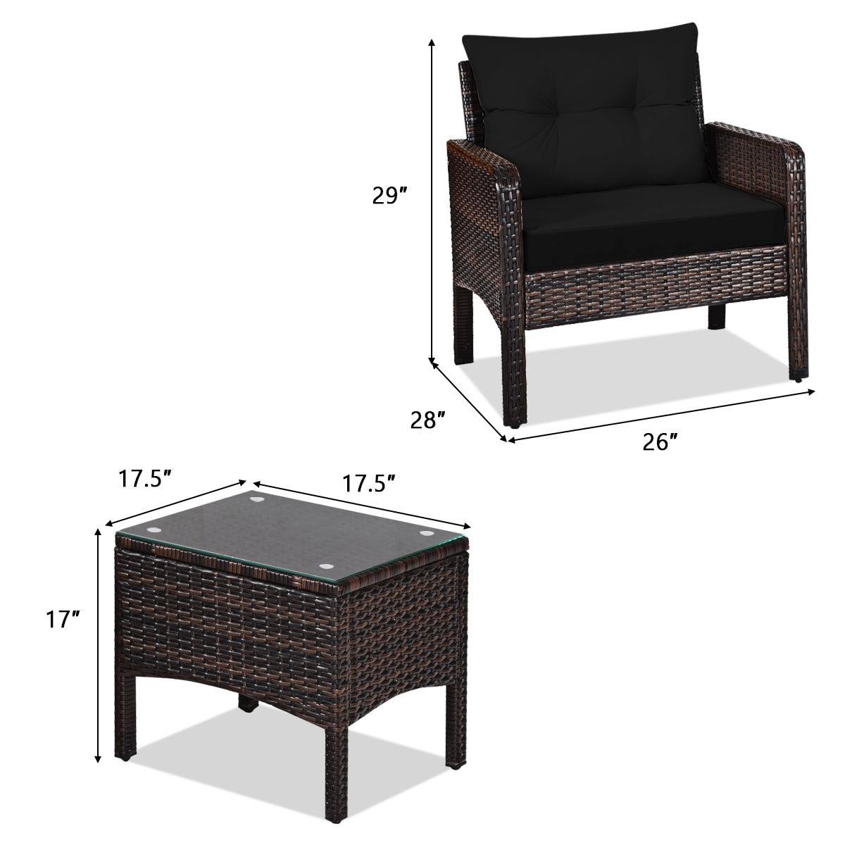 3 Pcs Outdoor Patio Rattan Conversation Set with Seat Cushions-Black, Fully assembled