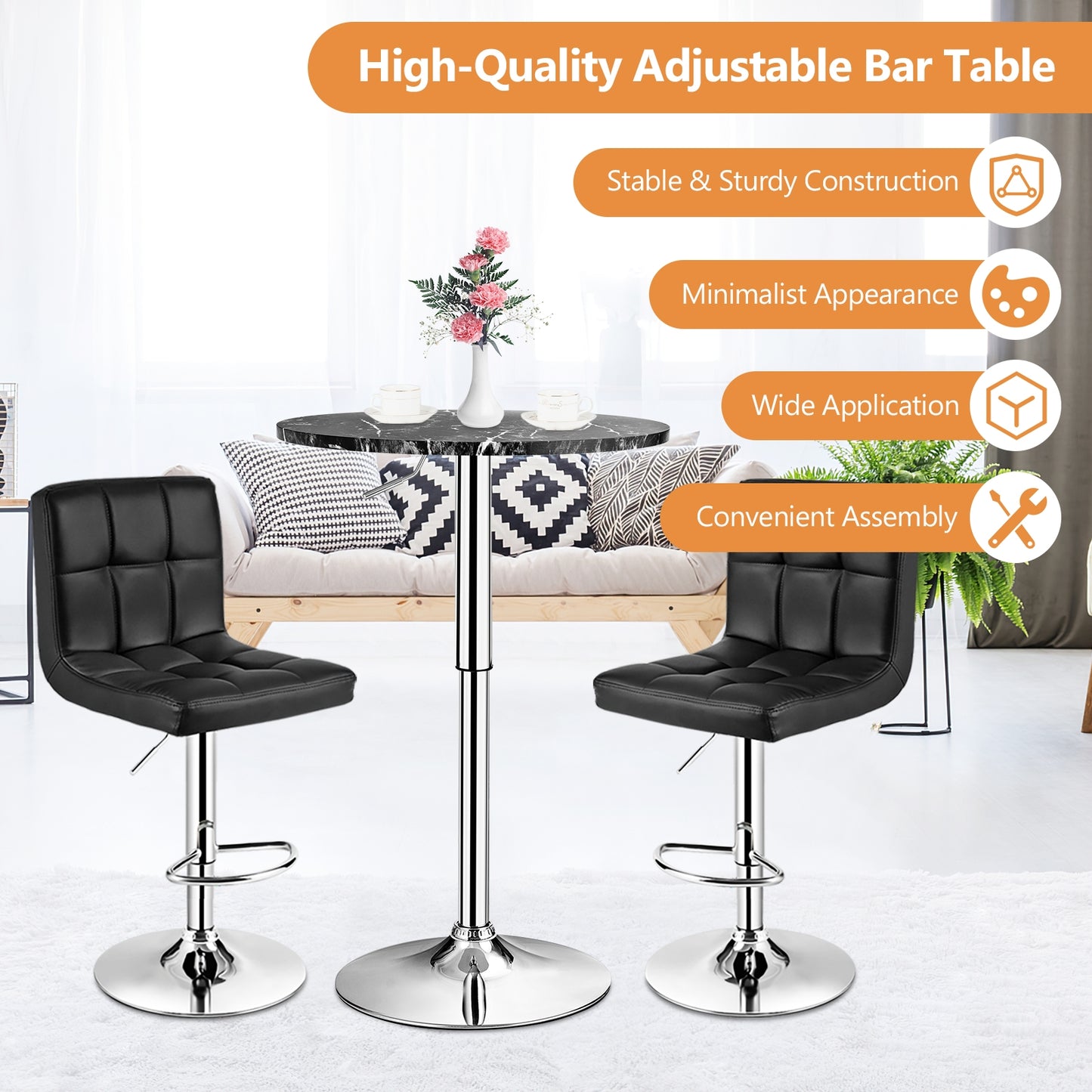 360 Degree Swivel, Round Height Adjustable Bistro Bar Table - Black (Assembled)