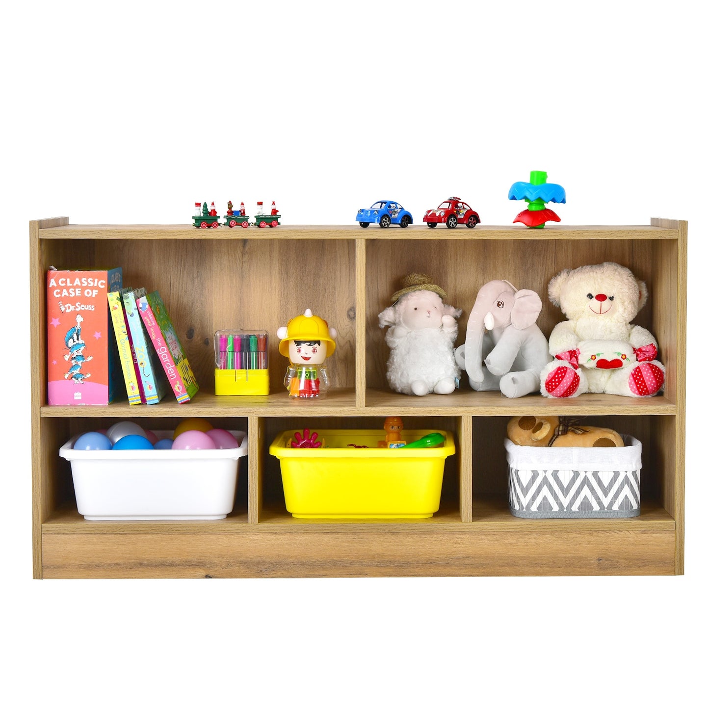 Kids 2-Shelf Bookcase 5-Cube Wood Toy Storage Cabinet Organizer-Natural (Fully Assembled)