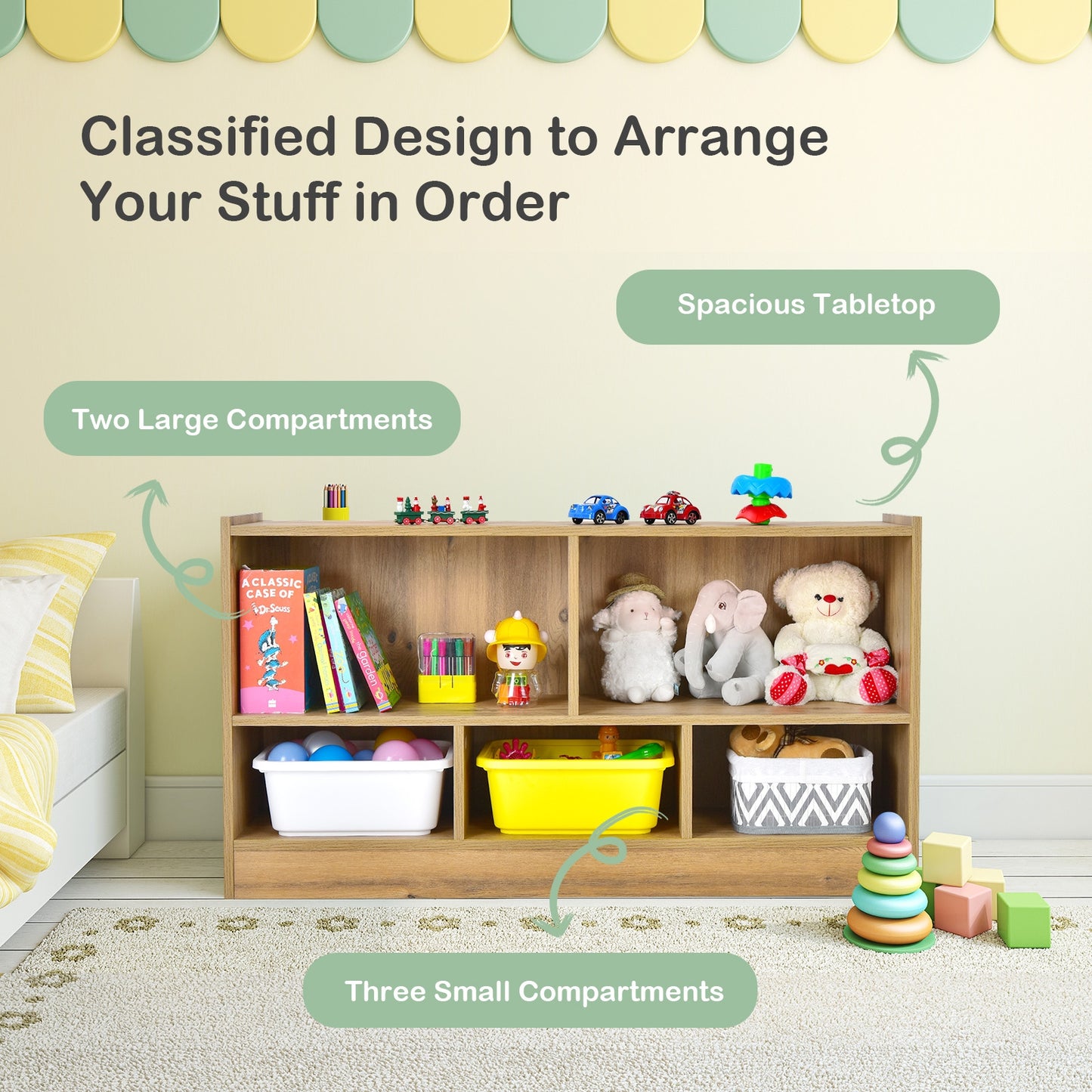 Kids 2-Shelf Bookcase 5-Cube Wood Toy Storage Cabinet Organizer-Natural (Fully Assembled)