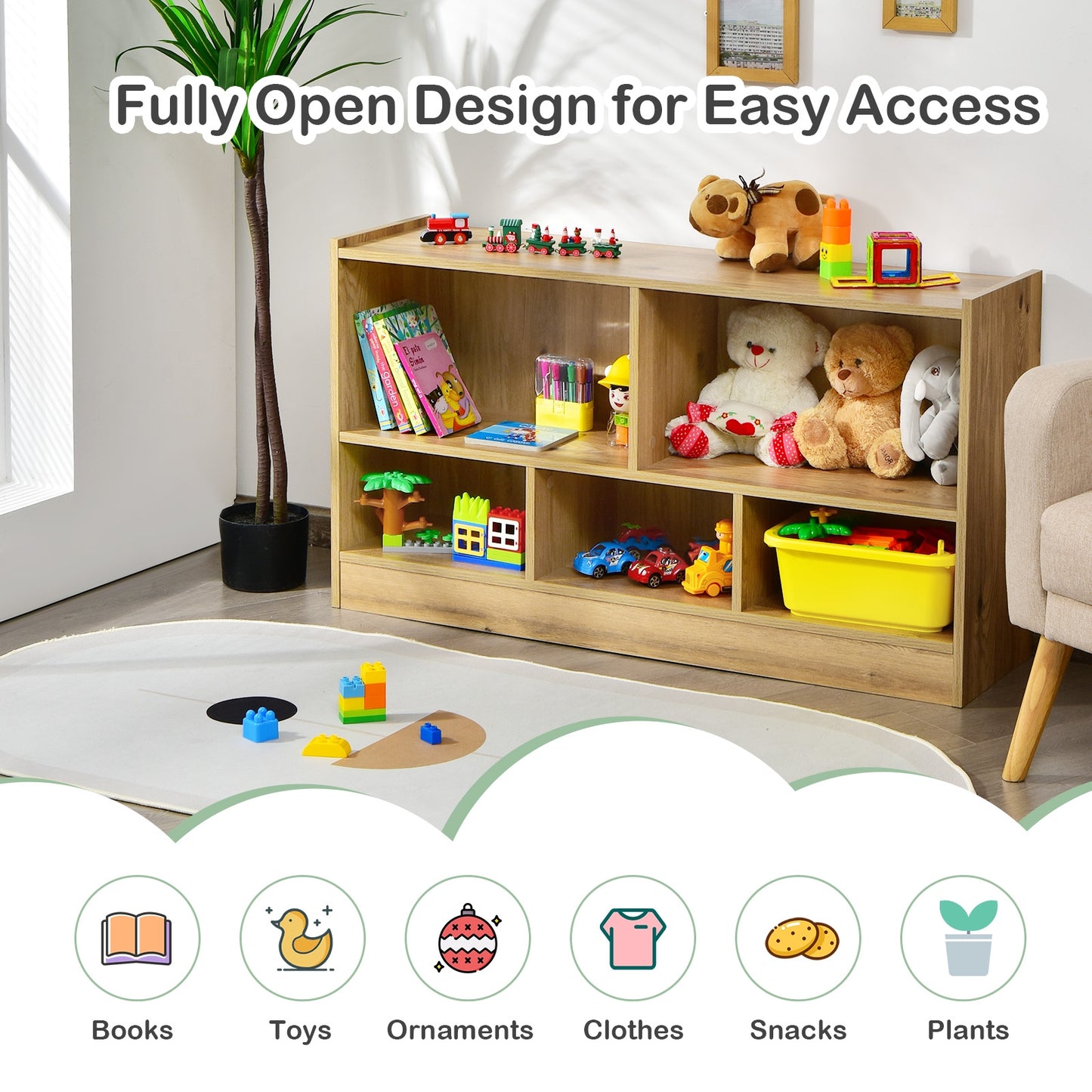 Kids 2-Shelf Bookcase 5-Cube Wood Toy Storage Cabinet Organizer-Natural (Fully Assembled)