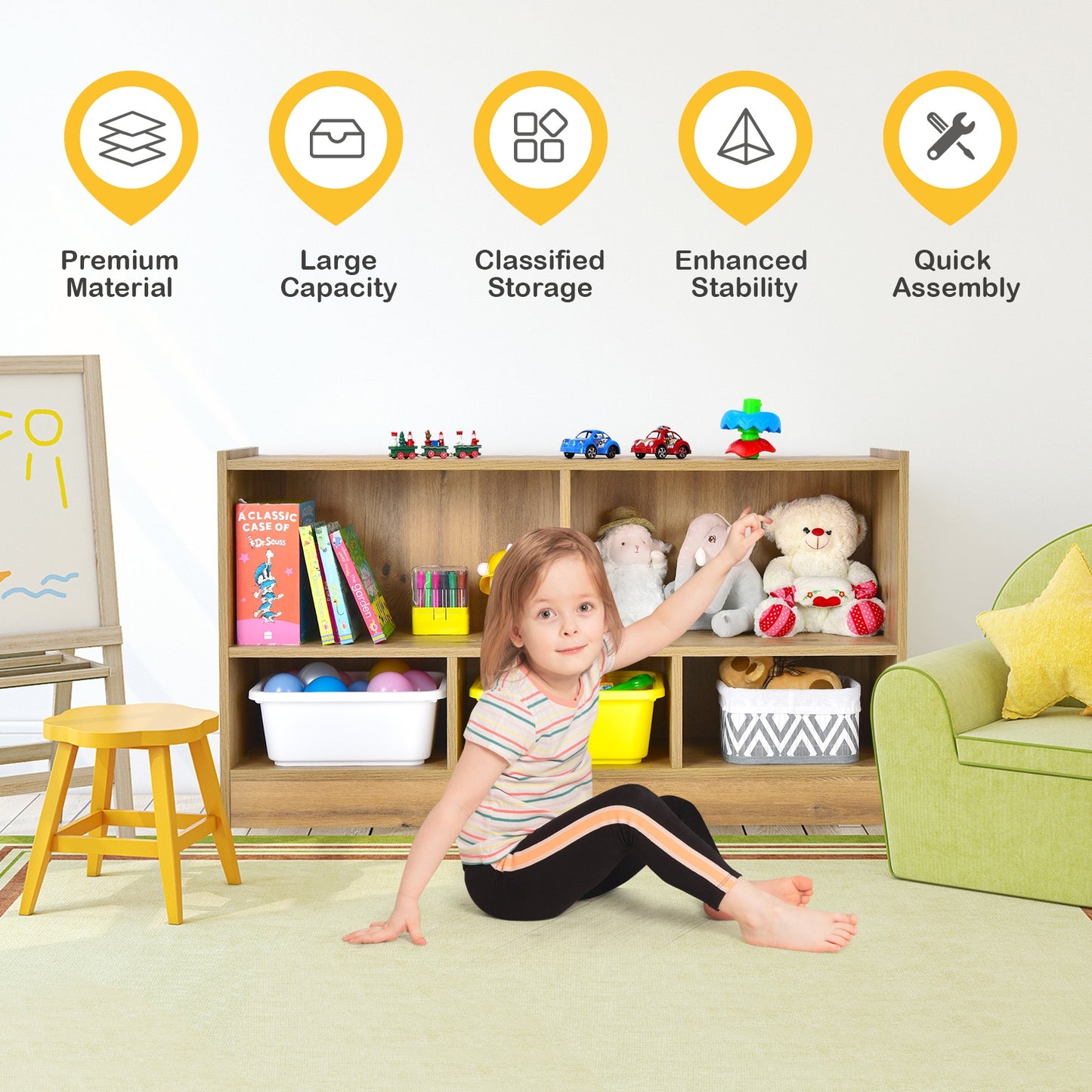 Kids 2-Shelf Bookcase 5-Cube Wood Toy Storage Cabinet Organizer-Natural (Fully Assembled)