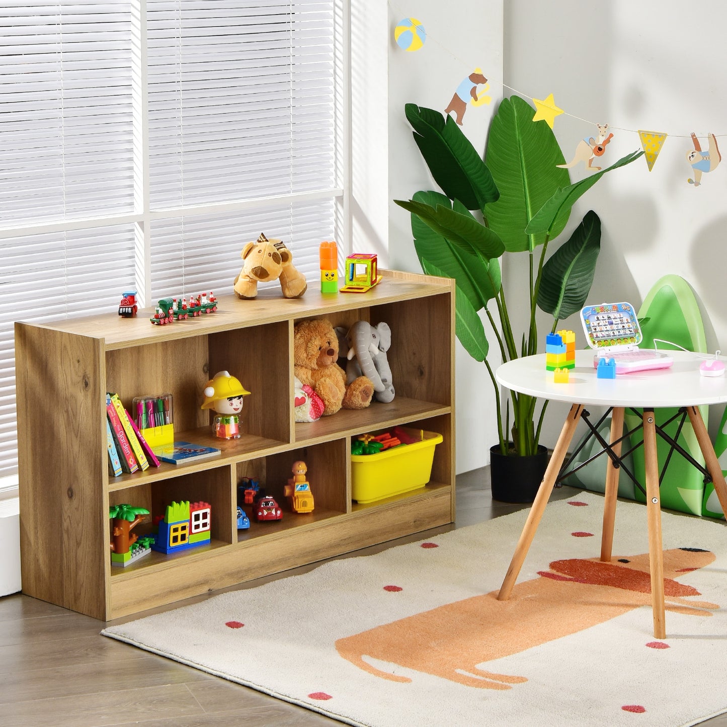 Kids 2-Shelf Bookcase 5-Cube Wood Toy Storage Cabinet Organizer-Natural (Fully Assembled)