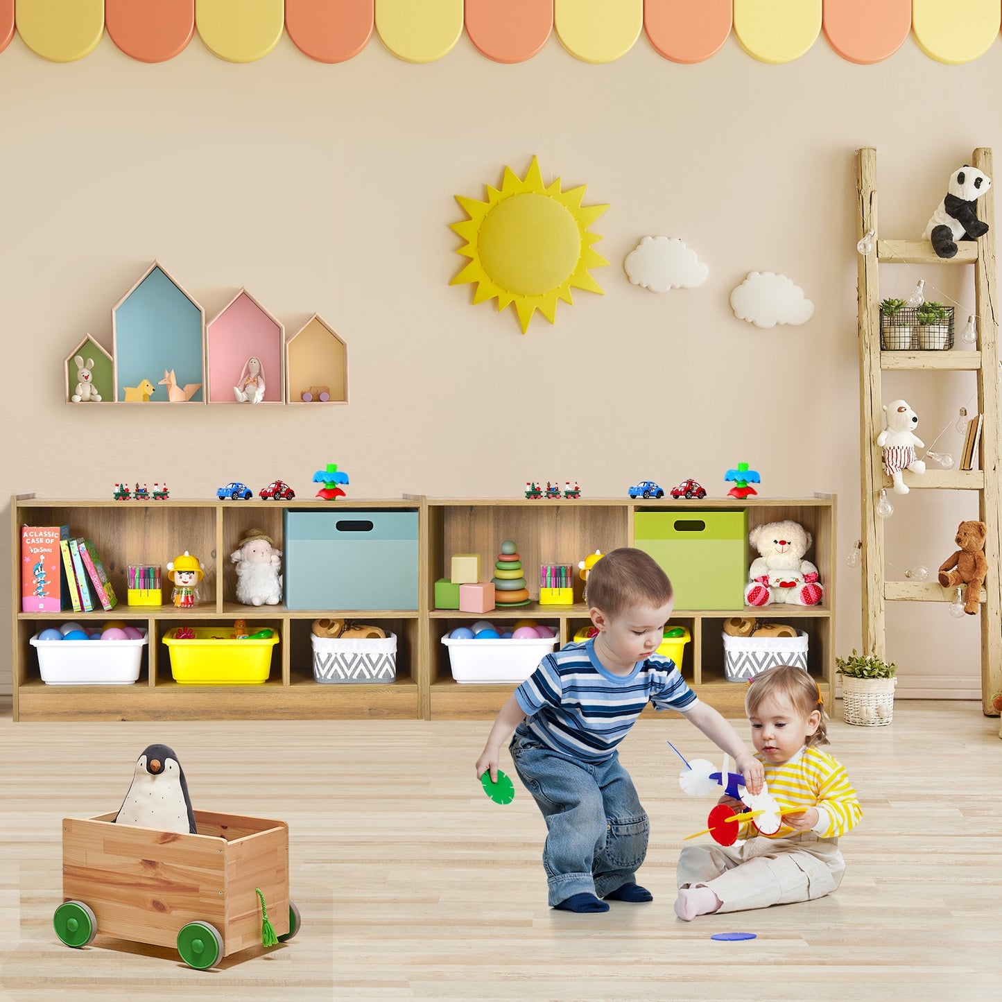 Kids 2-Shelf Bookcase 5-Cube Wood Toy Storage Cabinet Organizer-Natural (Fully Assembled)