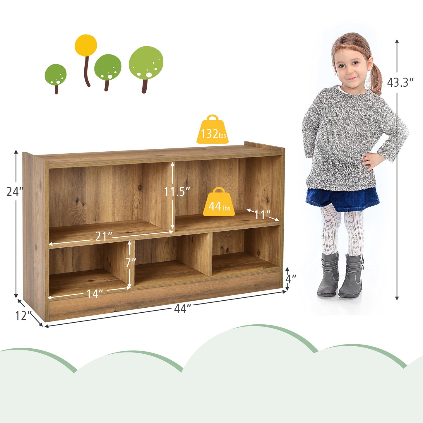 Kids 2-Shelf Bookcase 5-Cube Wood Toy Storage Cabinet Organizer-Natural (Fully Assembled)