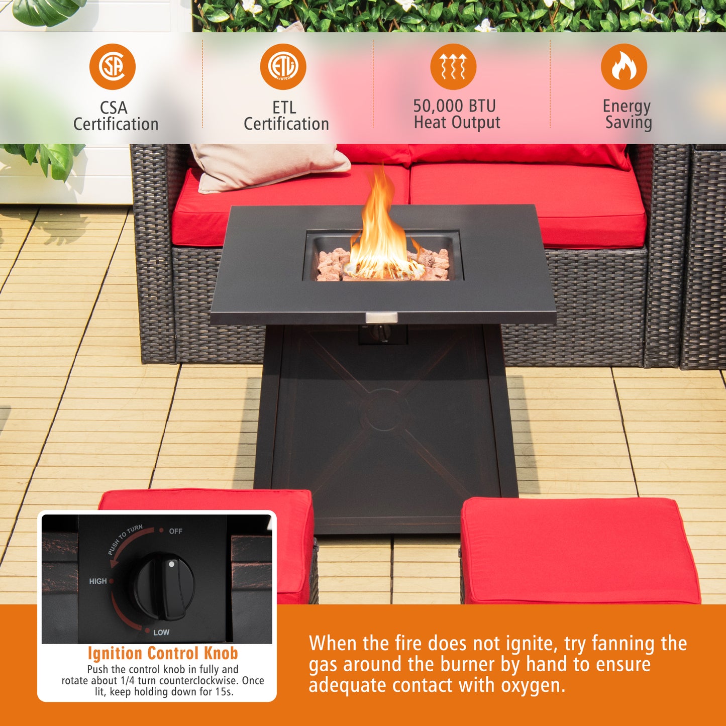30 Inch Square Propane Gas Fire Table with Waterproof Cover, 1 box, unassembled