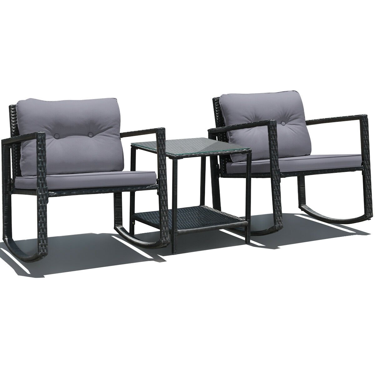 3 Pcs Cushioned Patio Rattan Set with Rocking Chair and Table-Gray (Assembled)
