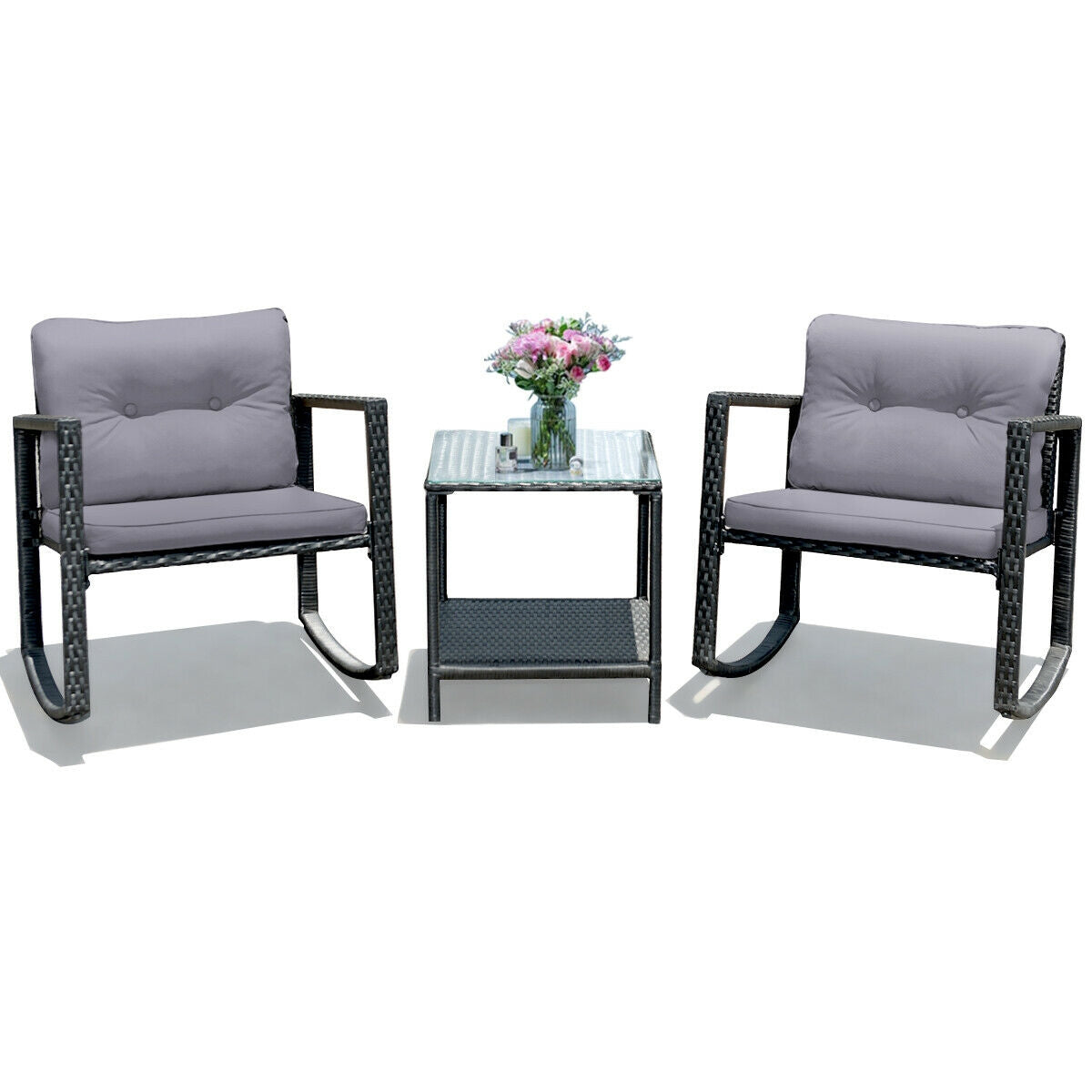3 Pcs Cushioned Patio Rattan Set with Rocking Chair and Table-Gray (Scratch and Dent)