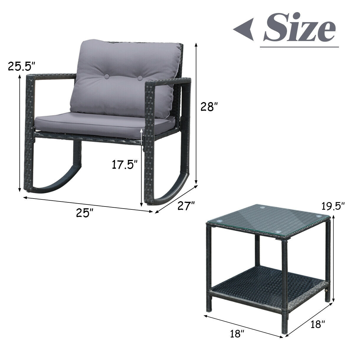 3 Pcs Cushioned Patio Rattan Set with Rocking Chair and Table-Gray (Assembled)