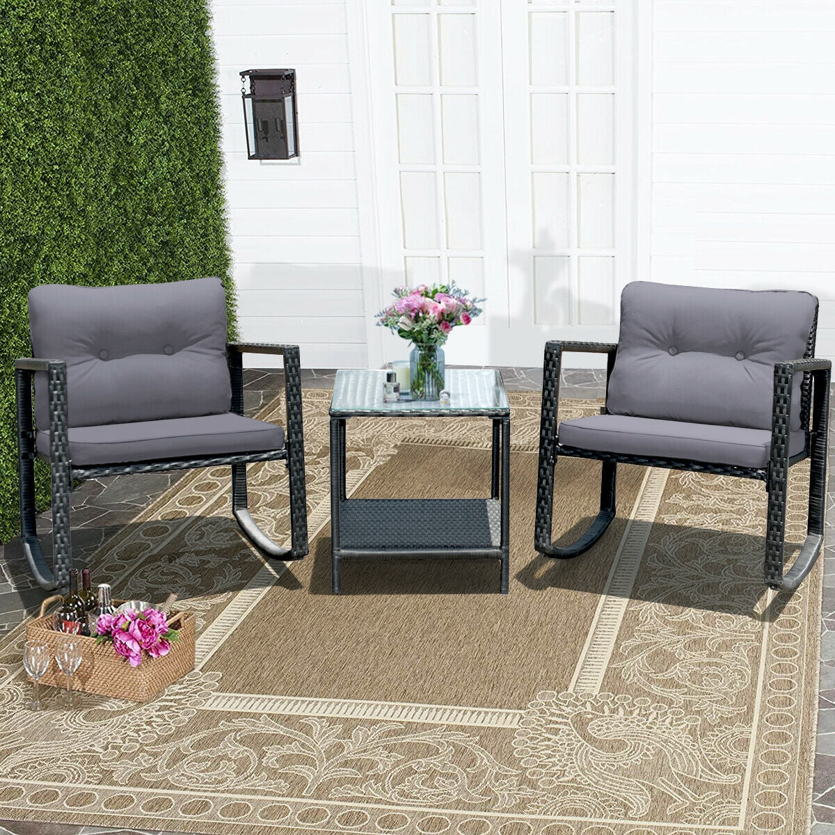 3 Pcs Cushioned Patio Rattan Set with Rocking Chair and Table-Gray (Assembled)
