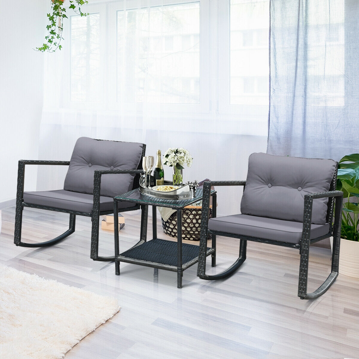 3 Pcs Cushioned Patio Rattan Set with Rocking Chair and Table-Gray (Scratch and Dent)