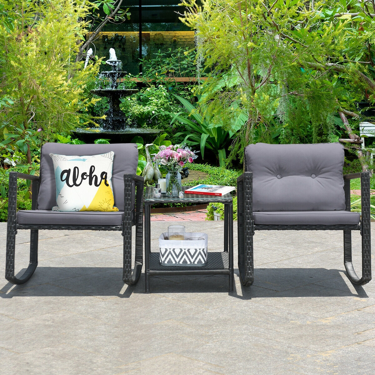 3 Pcs Cushioned Patio Rattan Set with Rocking Chair and Table-Gray (Assembled)
