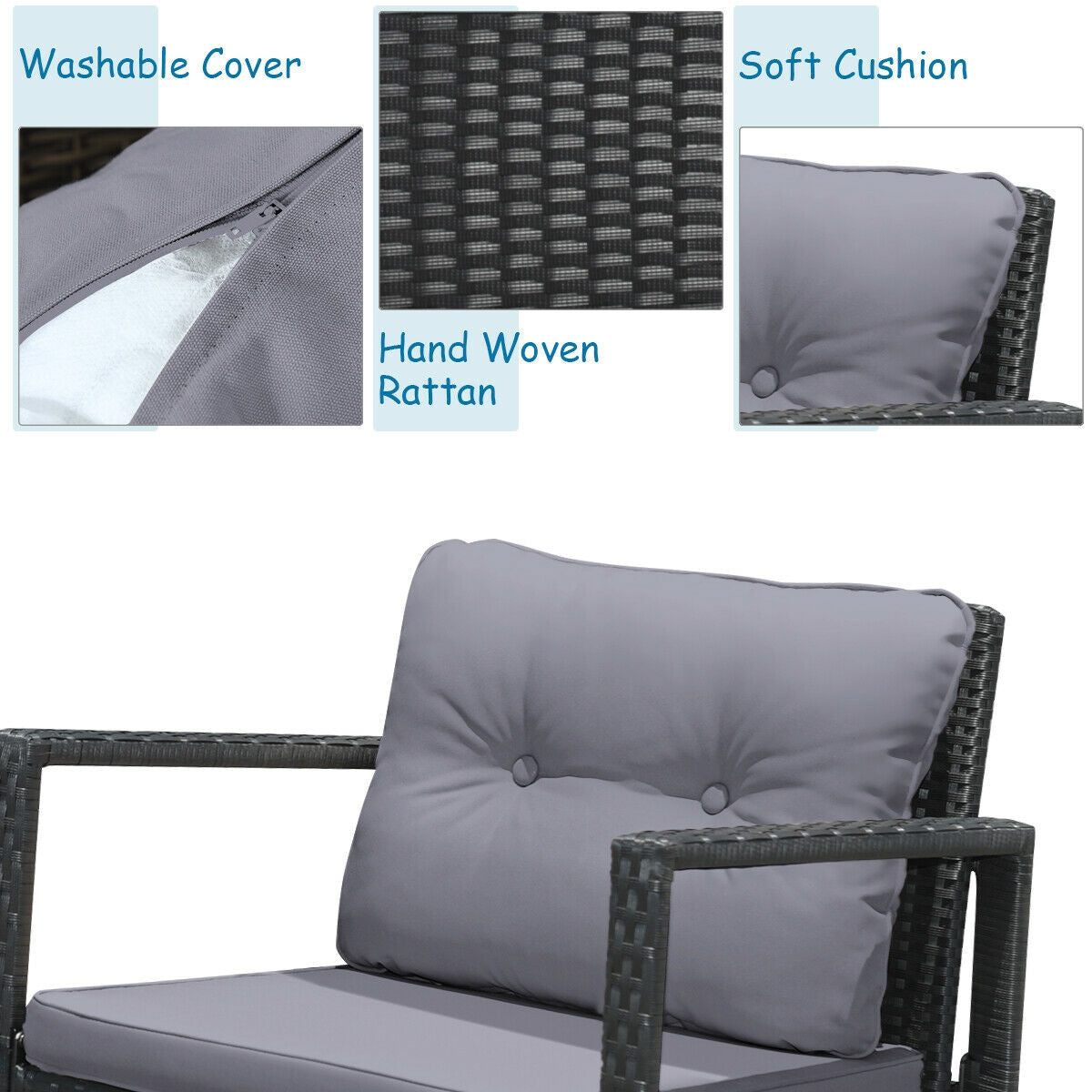 3 Pcs Cushioned Patio Rattan Set with Rocking Chair and Table-Gray (Scratch and Dent)