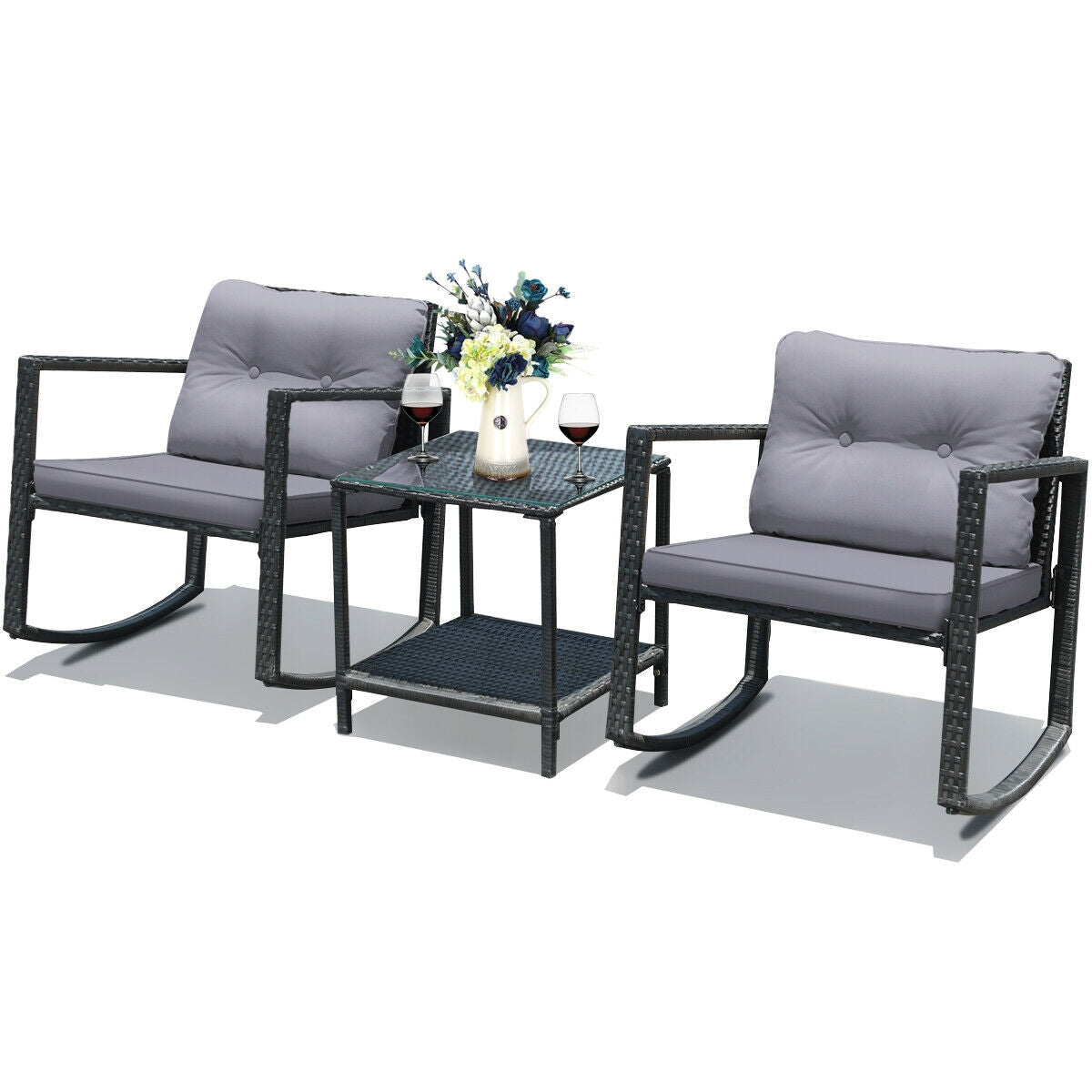 3 Pcs Cushioned Patio Rattan Set with Rocking Chair and Table-Gray (Scratch and Dent)
