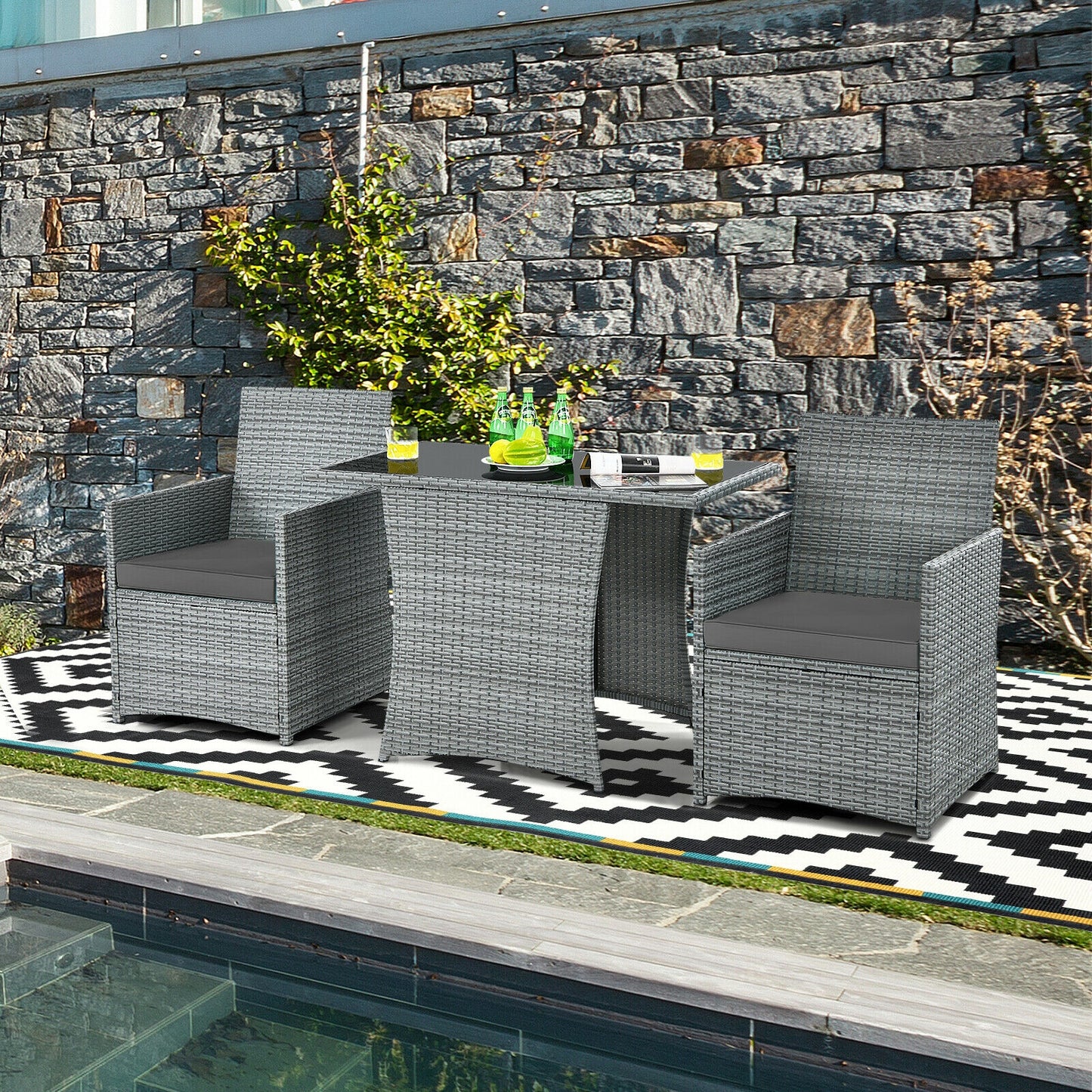 3 Pieces Patio Rattan Furniture Set with Cushioned Armrest Sofa-Gray (1 Box Unassembled)