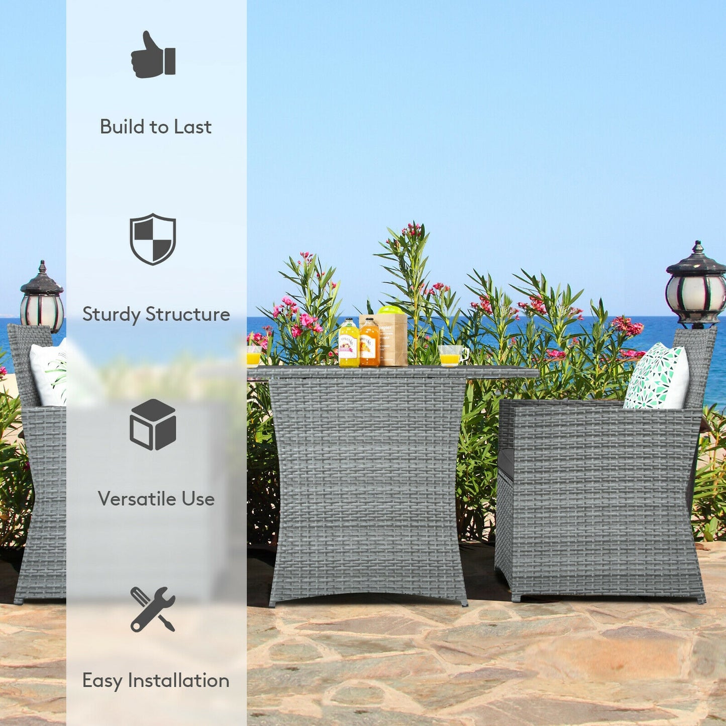 3 Pieces Patio Rattan Furniture Set with Cushioned Armrest Sofa-Gray (1 Box Unassembled)