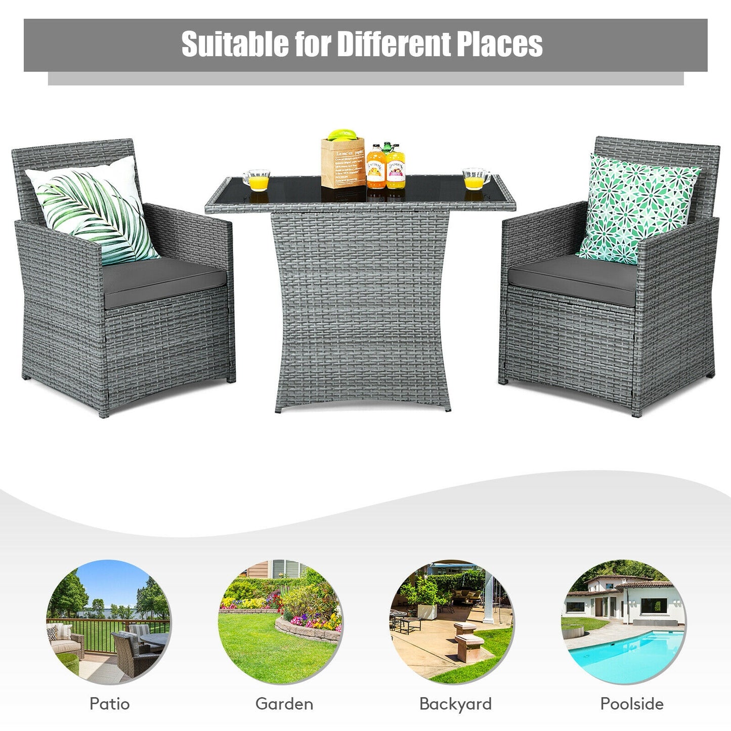 3 Pieces Patio Rattan Furniture Set with Cushioned Armrest Sofa-Gray (1 Box Unassembled)
