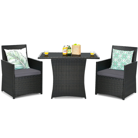 3 Pieces Patio Rattan Furniture Set with Cushion and Sofa Armrest-Gray  (Fully Assembled)