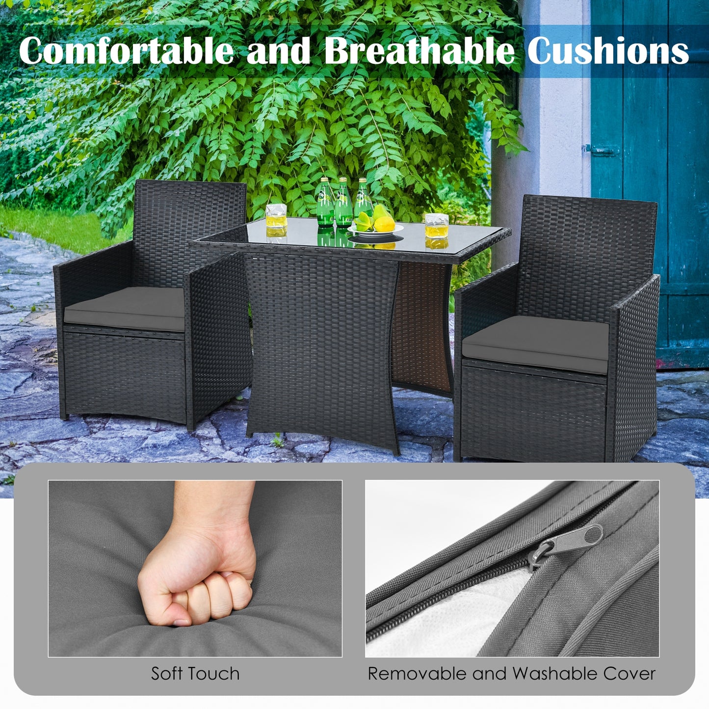 SPECIAL, NO TAX PLUS MAJOR MARKDOWN, 3 Pieces Patio Rattan Furniture Set with Cushion and Sofa Armrest-Gray  (Fully Assembled)