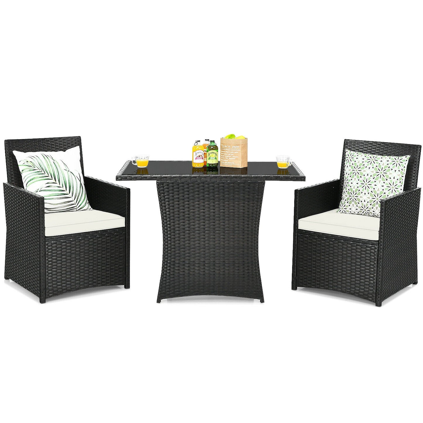 3 Pieces Patio Rattan Furniture Set with Cushion and Sofa Armrest-White (Fully Assembled)