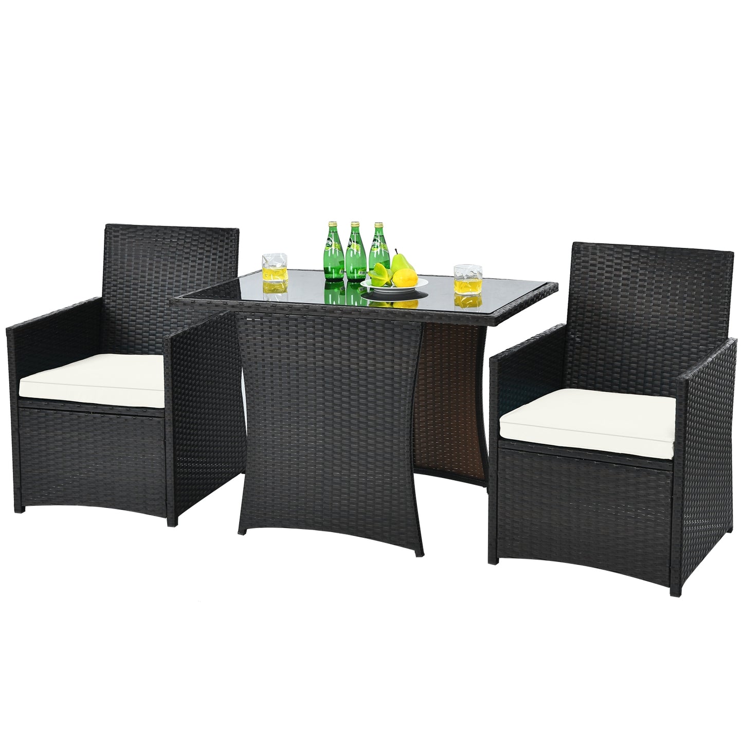 3 Pieces Patio Rattan Furniture Set with Cushion and Sofa Armrest-White (Fully Assembled)