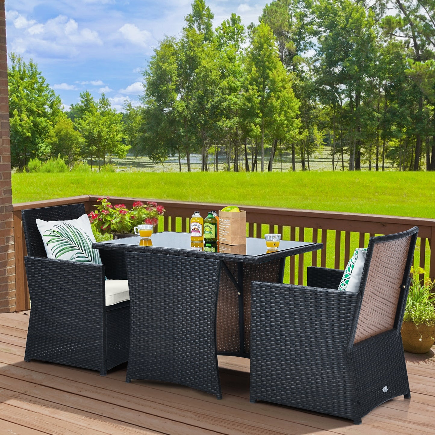 3 Pieces Patio Rattan Furniture Set with Cushion and Sofa Armrest-White (Fully Assembled)