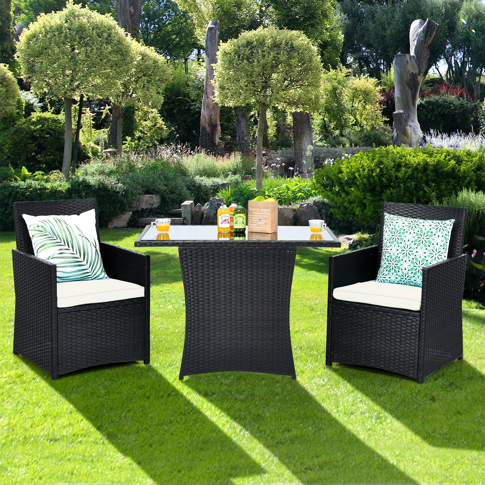 3 Pieces Patio Rattan Furniture Set with Cushion and Sofa Armrest-Whit ...