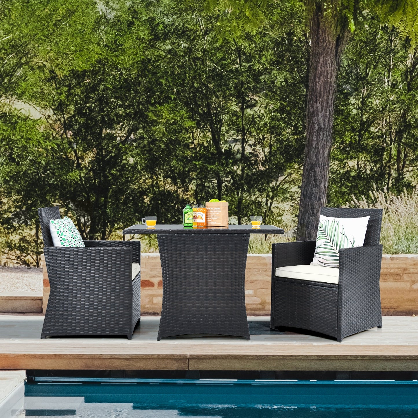 3 Pieces Patio Rattan Furniture Set with Cushion and Sofa Armrest-White (Fully Assembled)