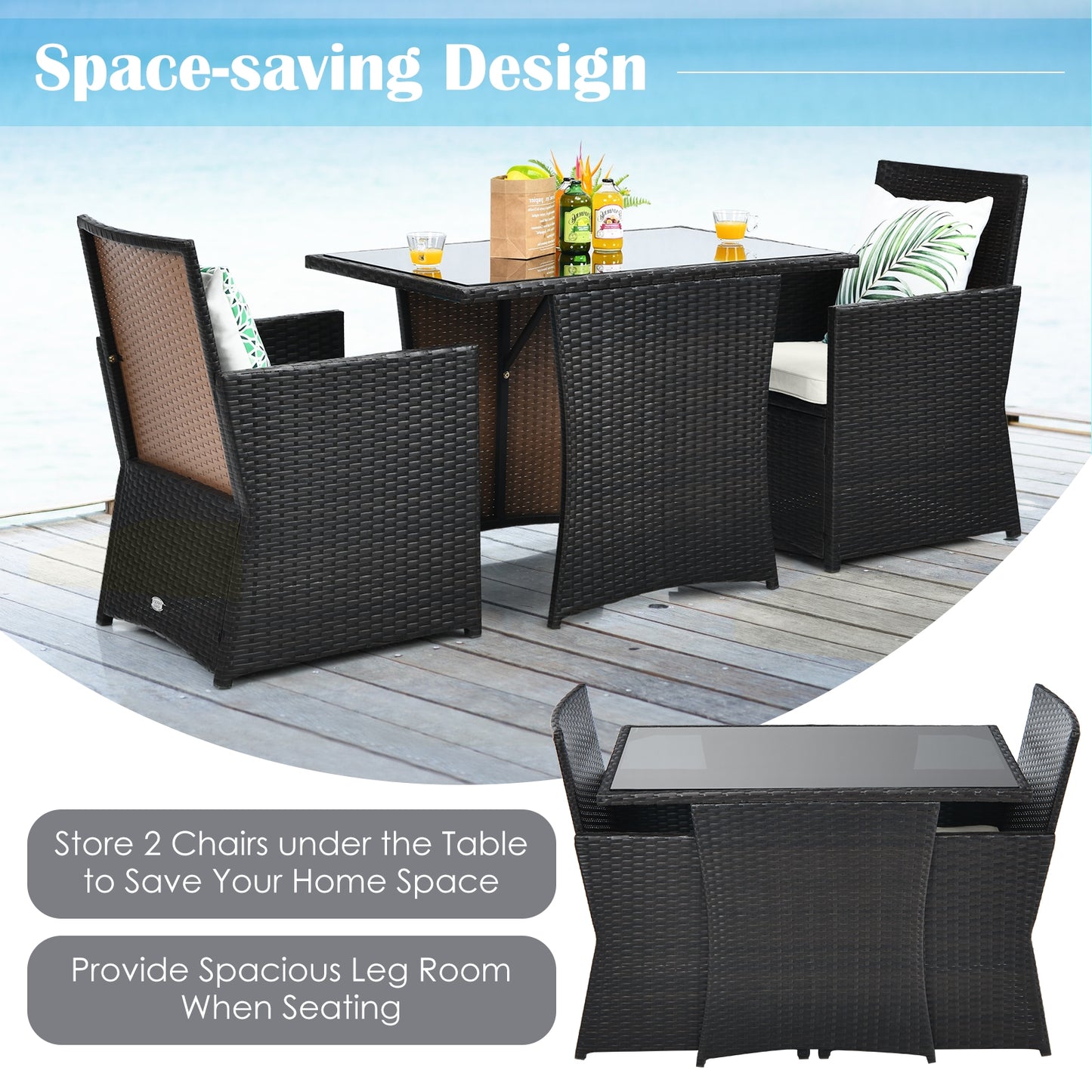 3 Pieces Patio Rattan Furniture Set with Cushion and Sofa Armrest-White (Fully Assembled)