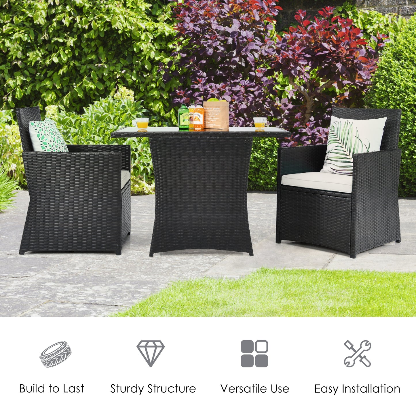 3 Pieces Patio Rattan Furniture Set with Cushion and Sofa Armrest-White (Fully Assembled)