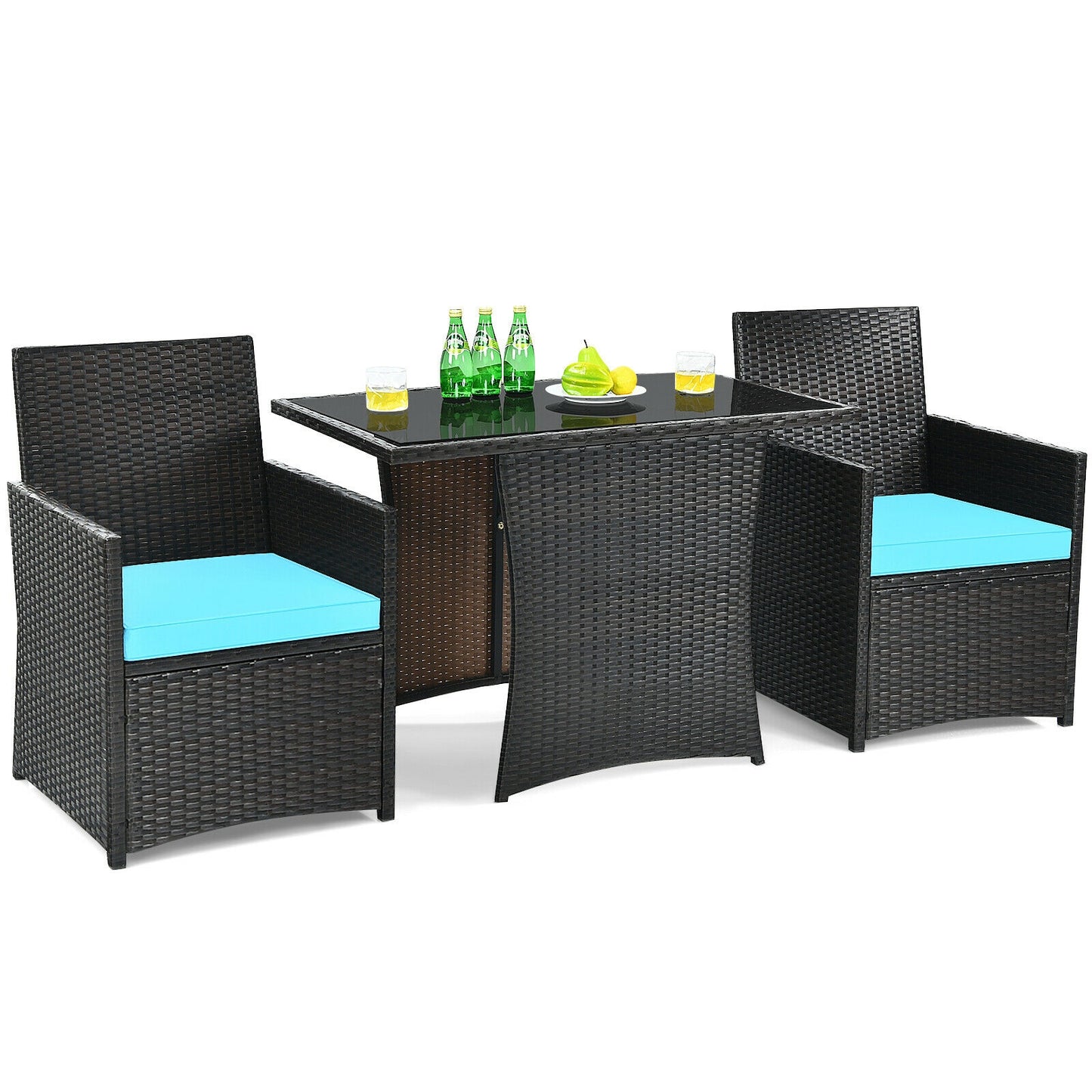 3 Pieces Patio Rattan Furniture Set with Cushion and Sofa Armrest-Turquoise- Fully Assembled