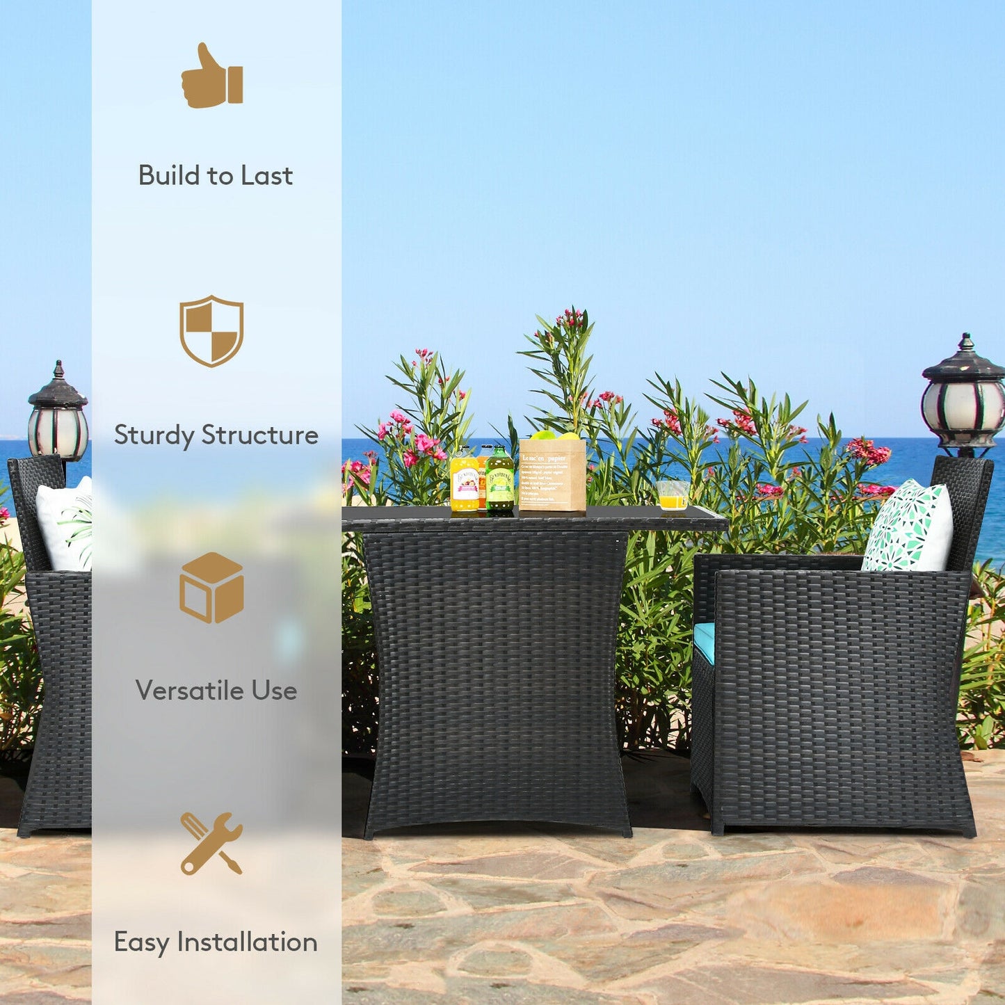 3 Pieces Patio Rattan Furniture Set with Cushion and Sofa Armrest-Turquoise- Fully Assembled
