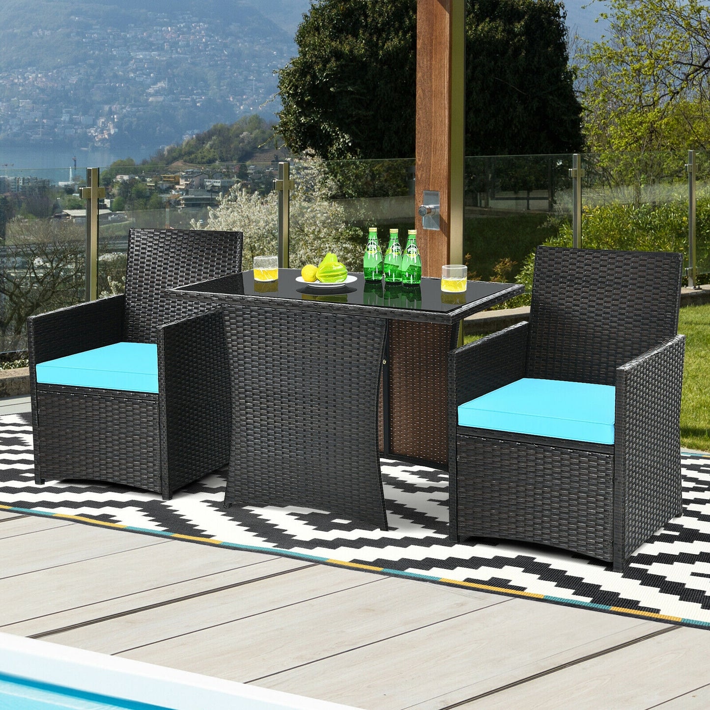 3 Pieces Patio Rattan Furniture Set with Cushion and Sofa Armrest-Turquoise- Fully Assembled