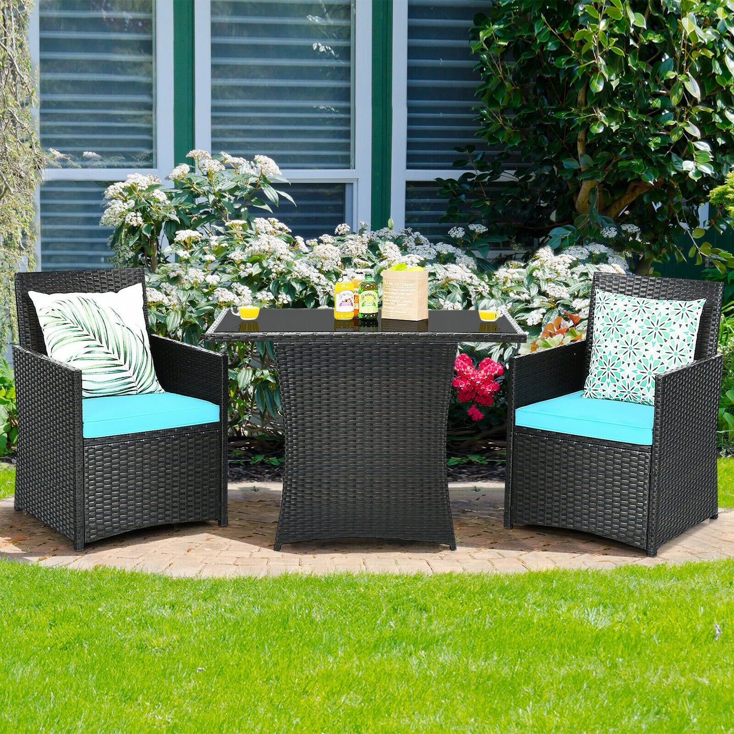 3 Pieces Patio Rattan Furniture Set with Cushion and Sofa Armrest-Turquoise- Fully Assembled