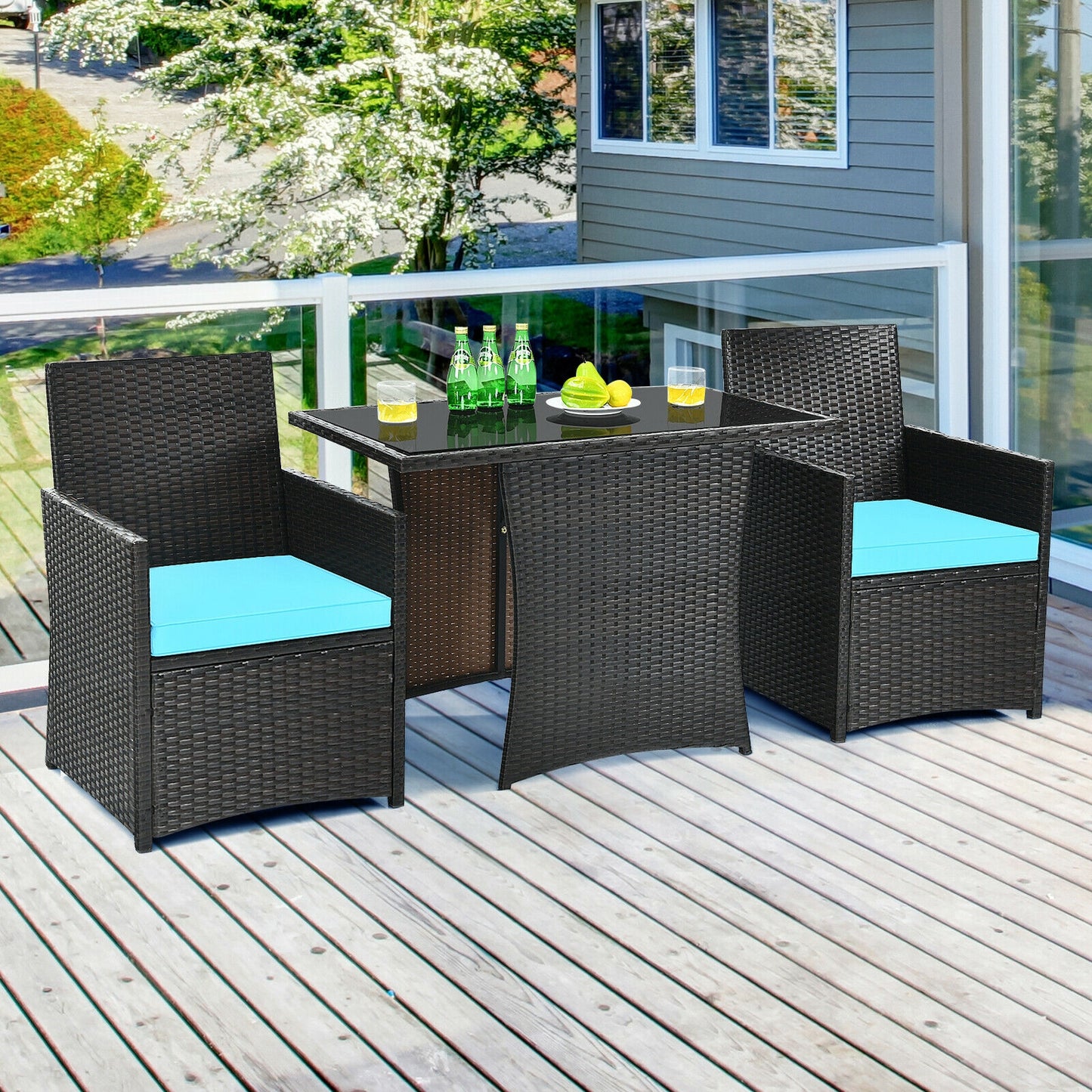 3 Pieces Patio Rattan Furniture Set with Cushion and Sofa Armrest-Turquoise- Fully Assembled
