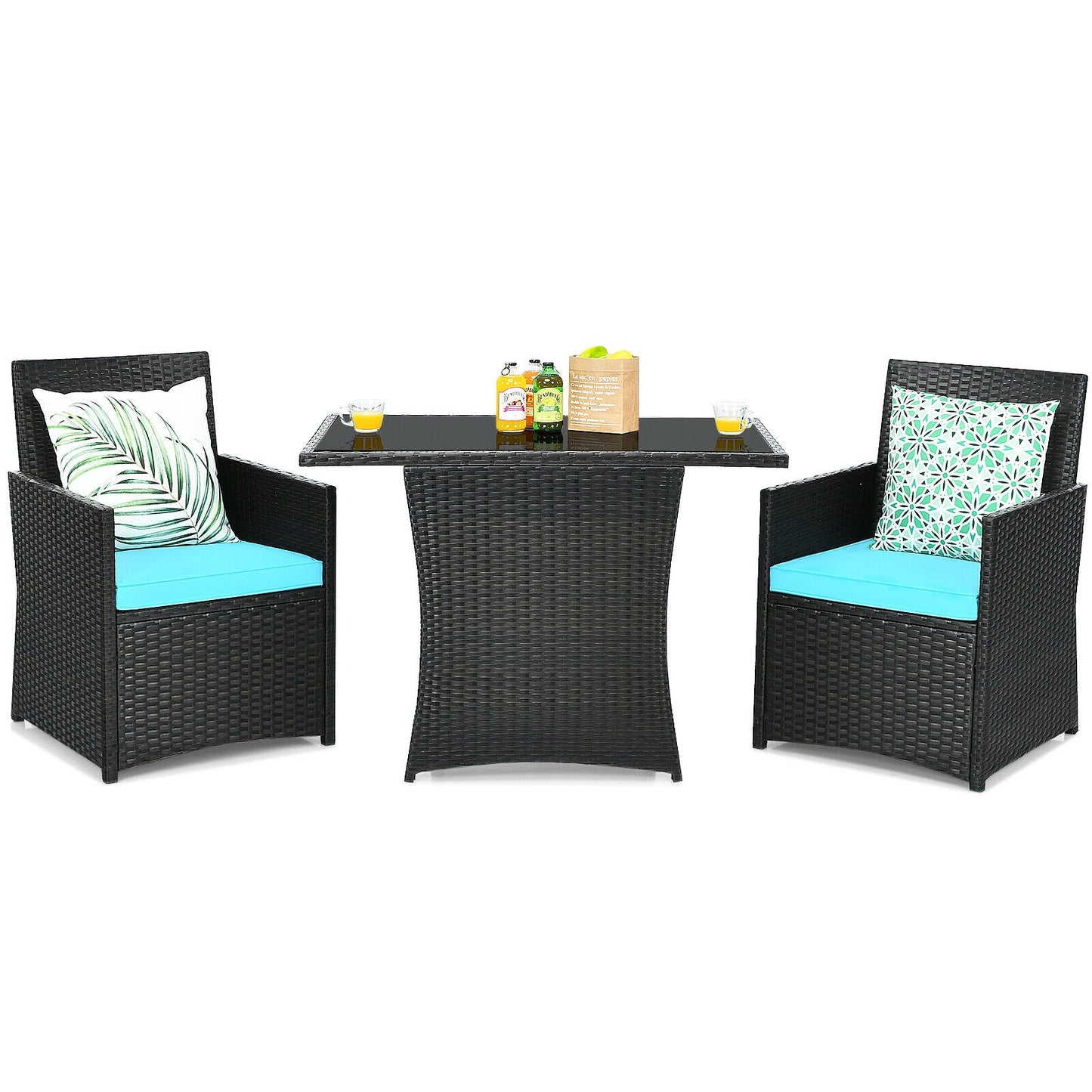 3 Pieces Patio Rattan Furniture Set with Cushion and Sofa Armrest-Turquoise- Fully Assembled