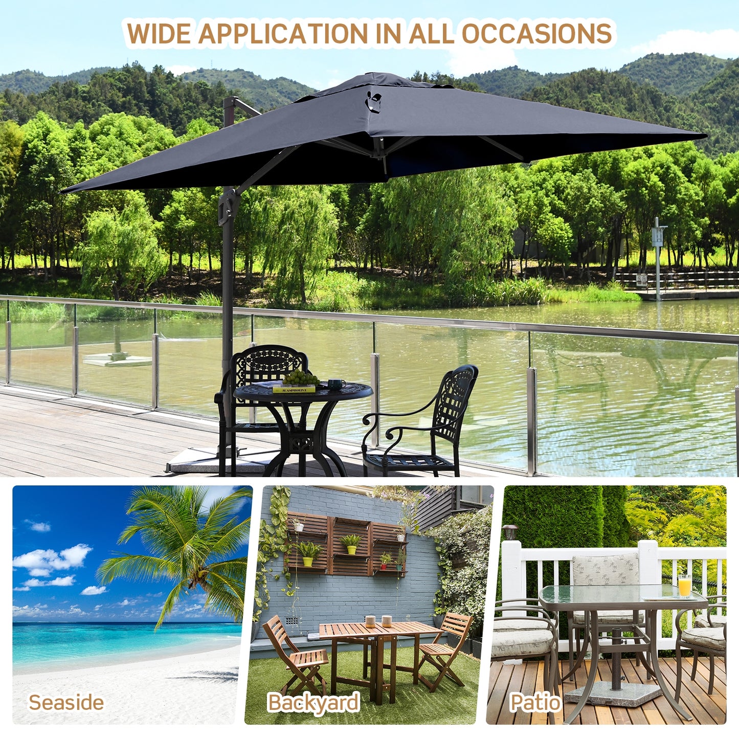 10 x 10 Feet Patio Offset Cantilever Umbrella with Aluminum 360-degree Rotation Tilt-Navy (Assembled)