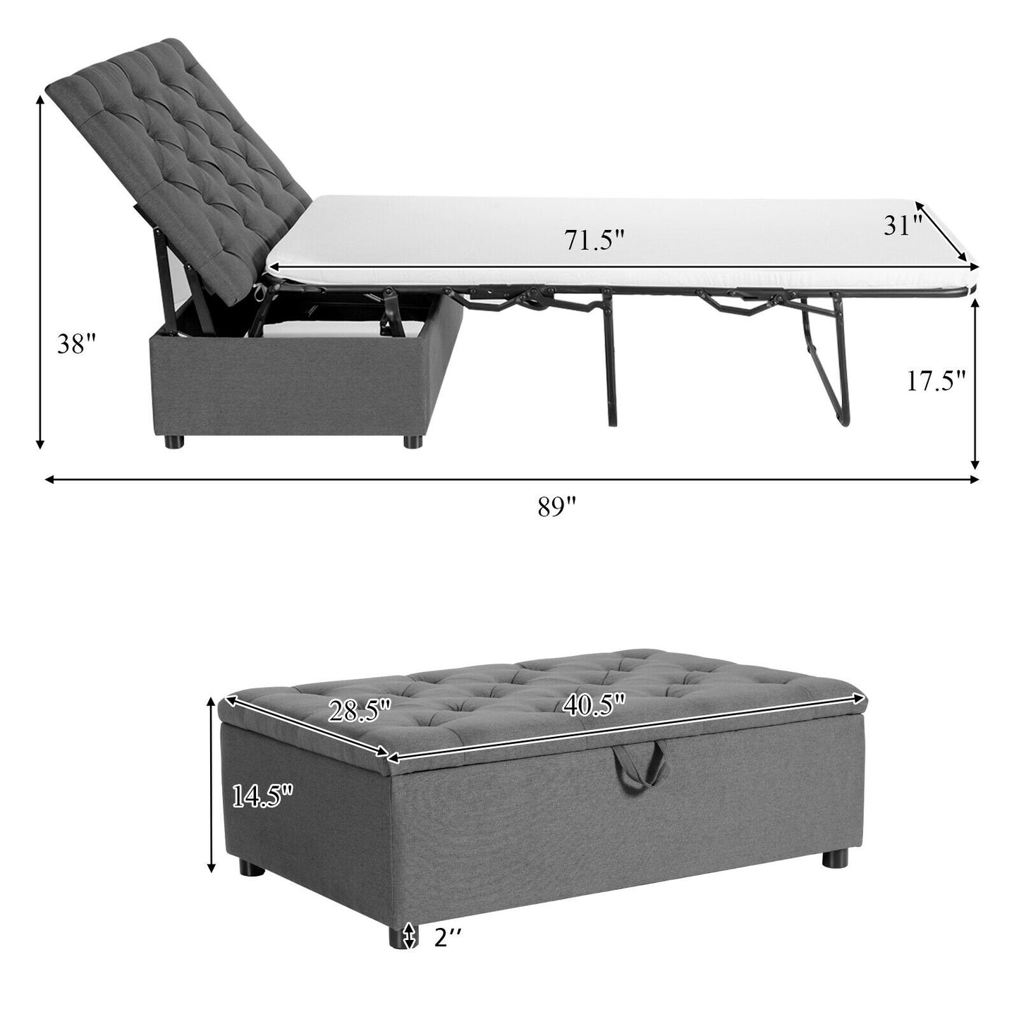 Sleeper Bed with Mattress for Guest Bed, Grey, Irregular, must remove top to allow bed function, SPECIAL