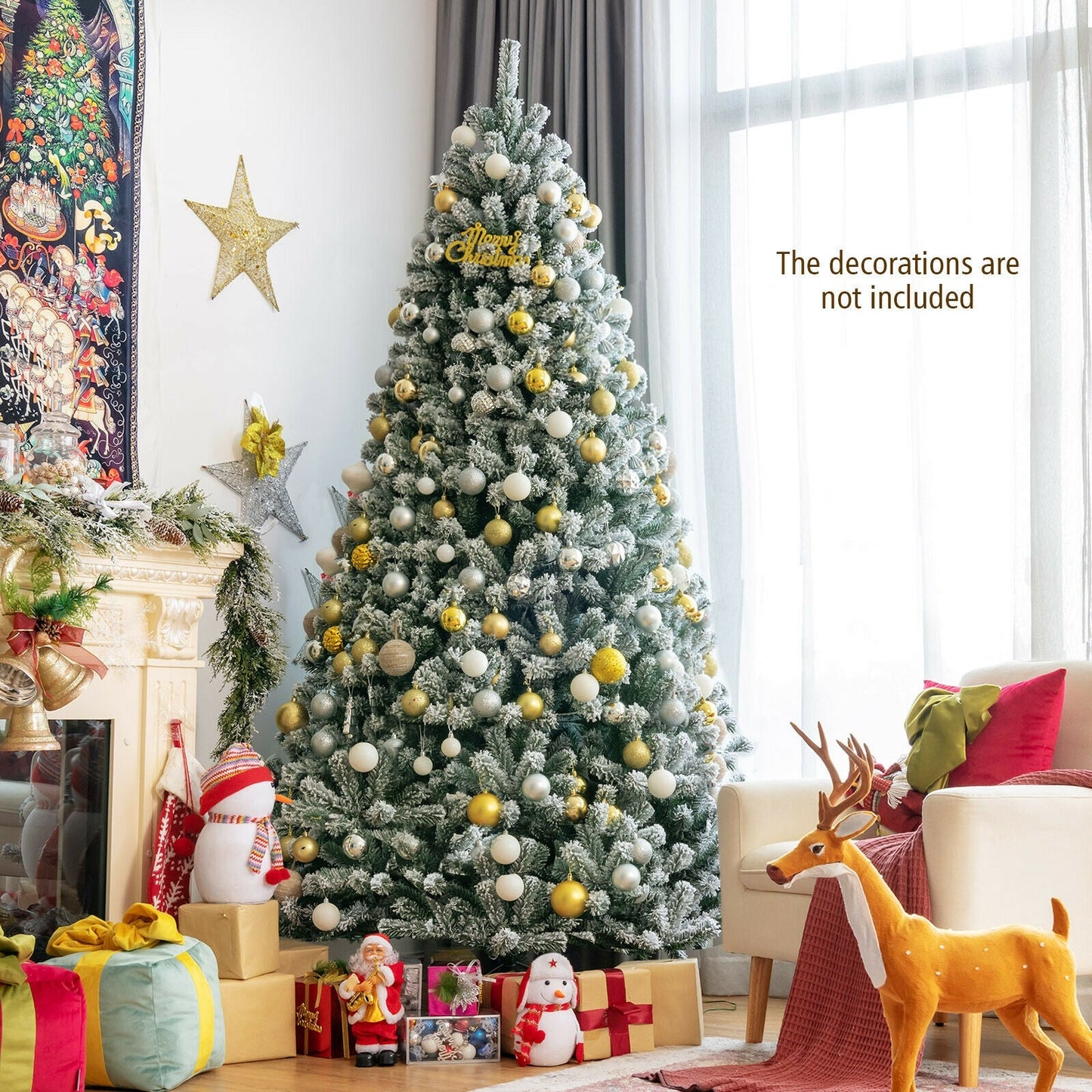 8 Feet Pre-lit Snow Flocked Christmas Tree with Tips and Metal Stand-8 ft, assembled, final sale