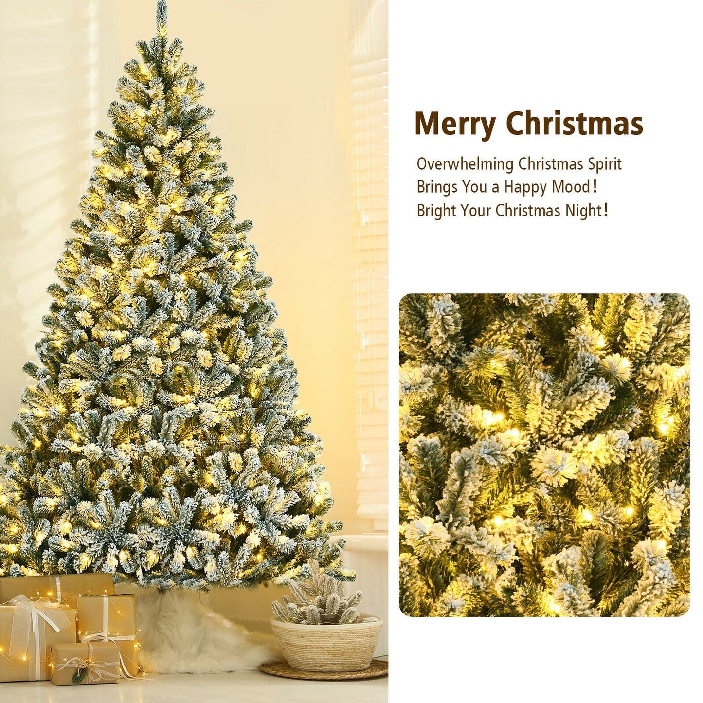 8 Feet Pre-lit Snow Flocked Christmas Tree with Tips and Metal Stand-8 ft, assembled, final sale